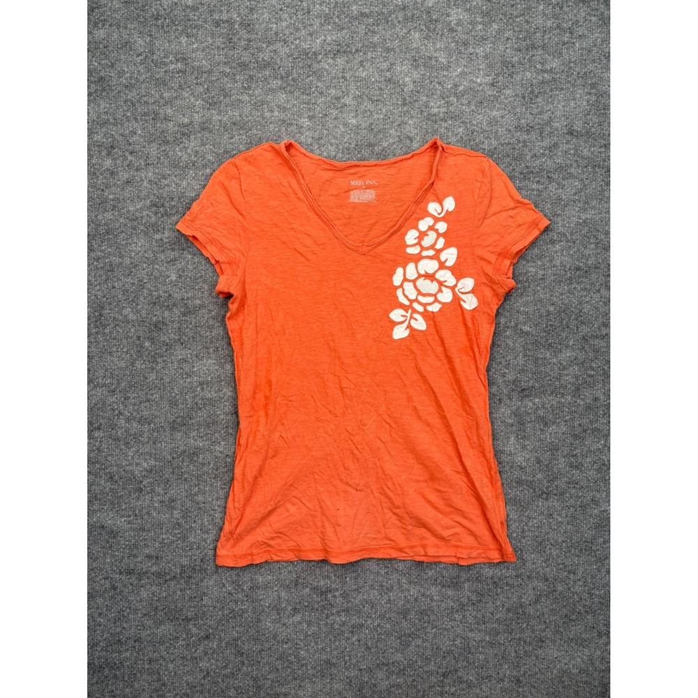 Merona Womens Orange Cotton Floral Applique Beaded V-Neck T-Shirt Size M